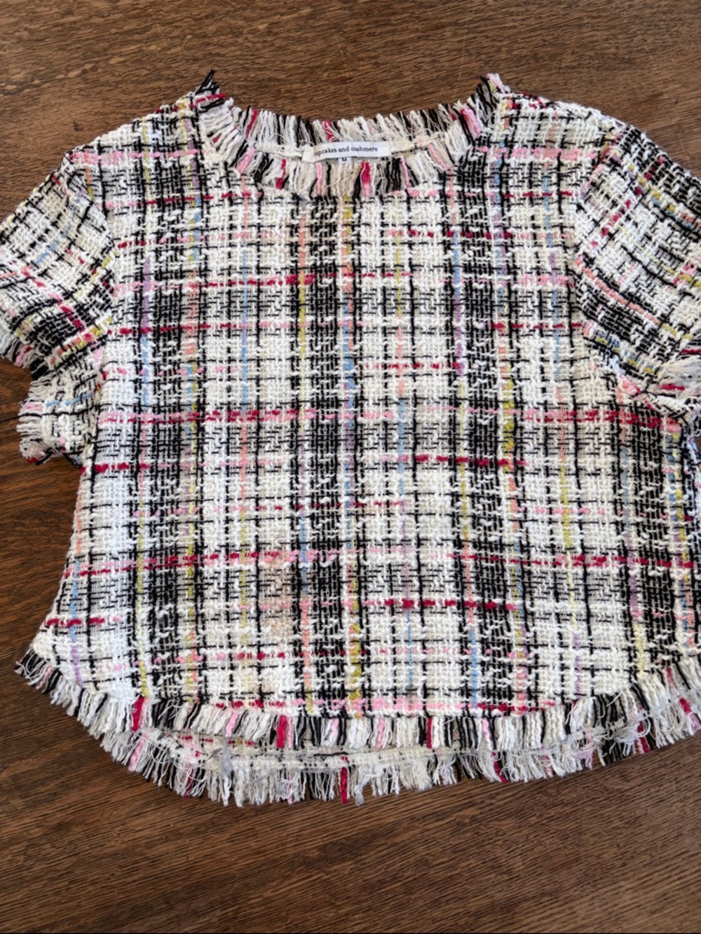 Cupcakes and cashmere Plaid Tweed Top with Fringe